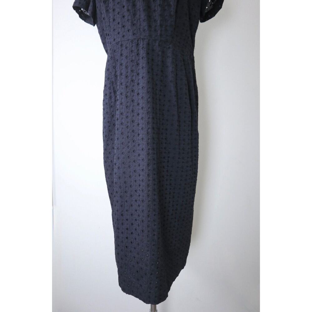 Vintage 1950s Size XL Eyelet Cotton Day Dress Midi Tea Length Short Sleeve Black - Picture 5 of 12